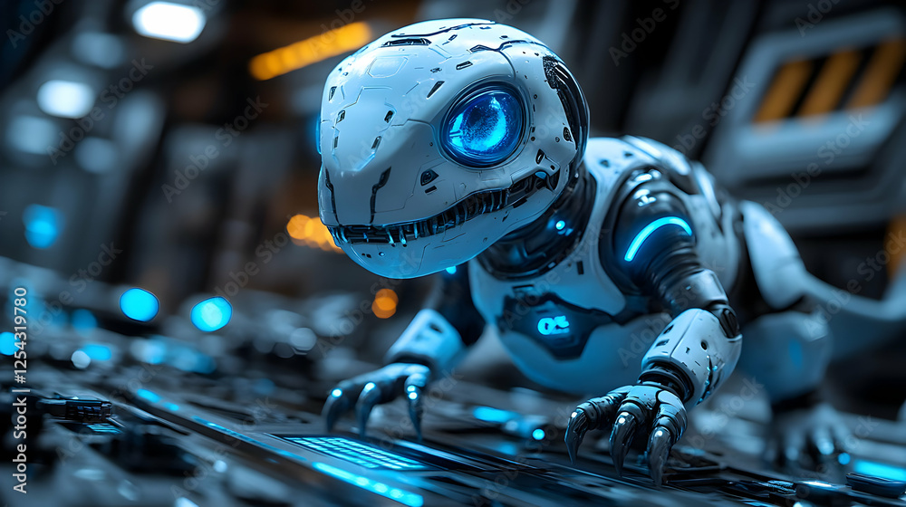 Fototapeta premium Futuristic Robot Creature Exploring Machinery