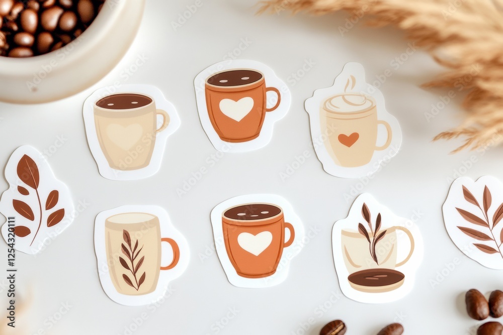Obraz premium style coffee cup stickers featuring various designs and coffee beans on a light background. Generative AI