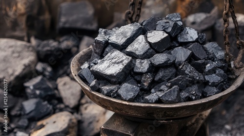Manganese ore is carefully measured on a scale, showcasing its natural tones and texture photo