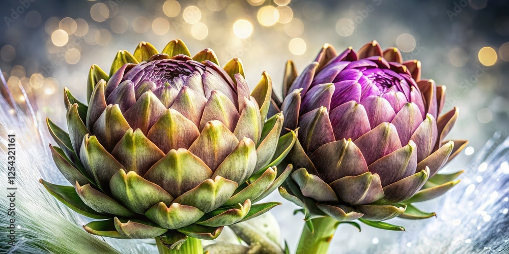 Fototapeta premium Exquisite double exposure: artichoke bloom art. High-resolution botanical photo, stunning white floral detail.