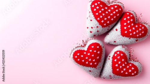 Cozy Red Heart Shaped Plush Cushions on Pink Background