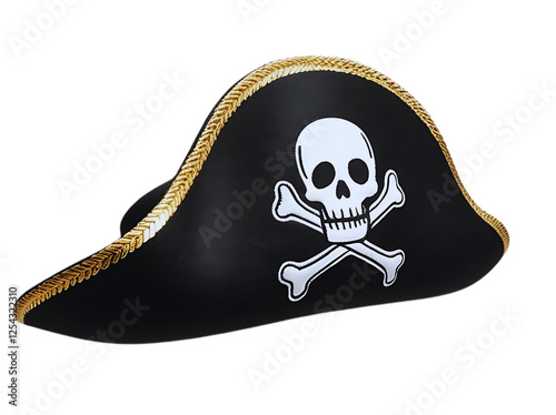 A black pirate hat with a gold skull and crossbones emblem on the front and gold trim around the brim. Perfect for costume parties, Halloween, or pirate-themed events