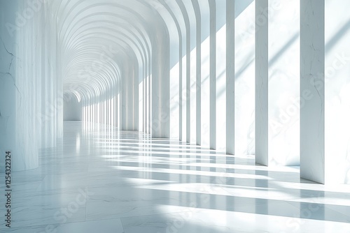 3D render of abstract white interior space with light beams and vertical lines on the wall. Modern, minimal design. Wide-angle view.