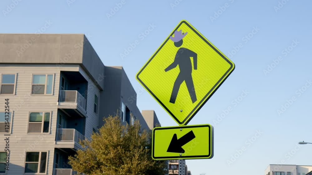 Pedestrian Crossing Sign with Funny Cowboy Hat Sticker in Urban Austin Texas Setting Pedestrian Crossing Sign with Funny Cowboy Hat Sticker in Urban Austin Texas Setting