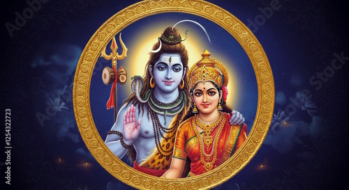 beautiful portrait of Hindu religion god Shiva or shiv with goddess Parvati in golden frame 
