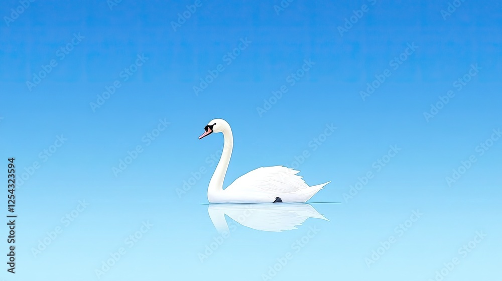 Fototapeta premium Elegant white swan gliding gracefully across a serene blue lake under a clear sky