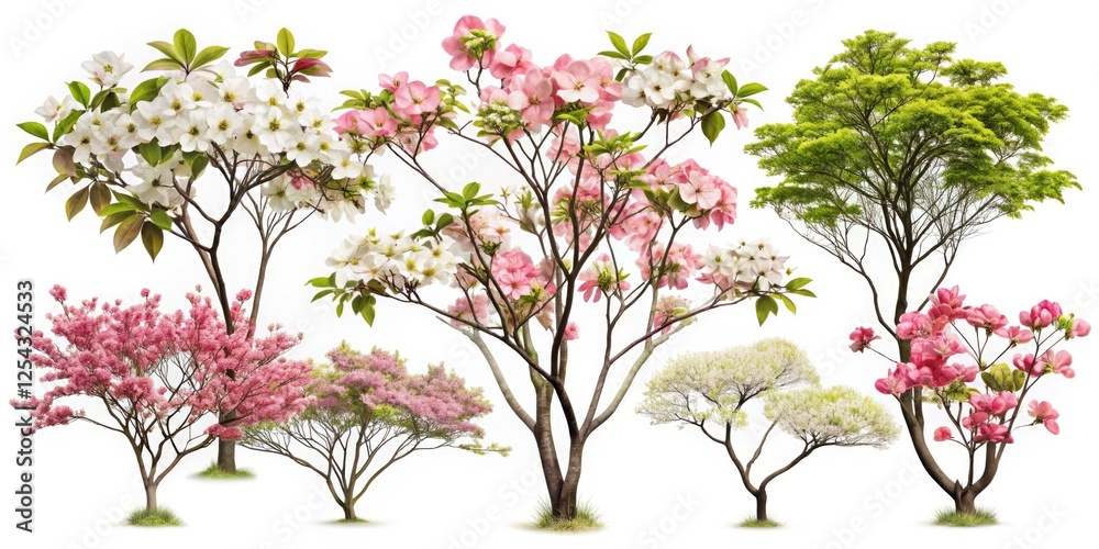 Naklejka premium Japanese Dogwood Trees, Tropical Trees, Isolated White Background, Design Elements, High-Resolution Images, Stock Photos