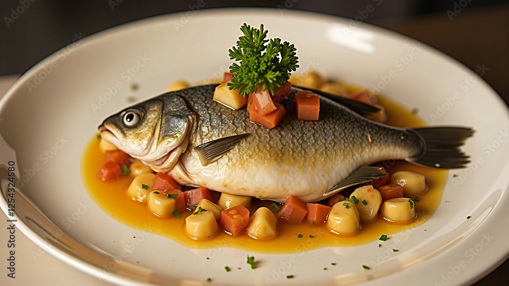 Roasted Sea Bass with Saffron Sauce and Gnocchi Roasted Sea Bass with Saffron Sauce and Gnocchi