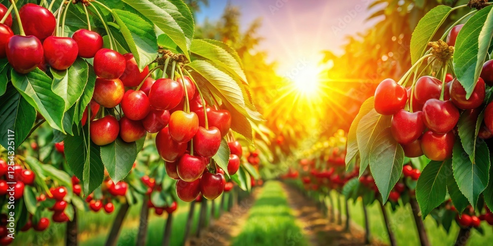 Obraz premium Lush Cherry Orchard with Juicy Red Cherries on Vibrant Green Branches, Perfect for Product Photography, Summer Harvest, Organic Farming, Fresh Fruits, and Nature's Bounty