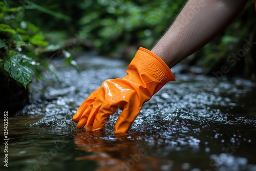 Hand in Orange Glove Testing Water Quality in a Lush Forest Stream