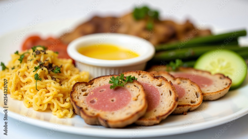 Delicious Plant-Based Meal with Sliced Vegan Tuna, Noodles, and Vegetables Delicious Plant-Based Meal with Sliced Vegan Tuna, Noodles, and Vegetables