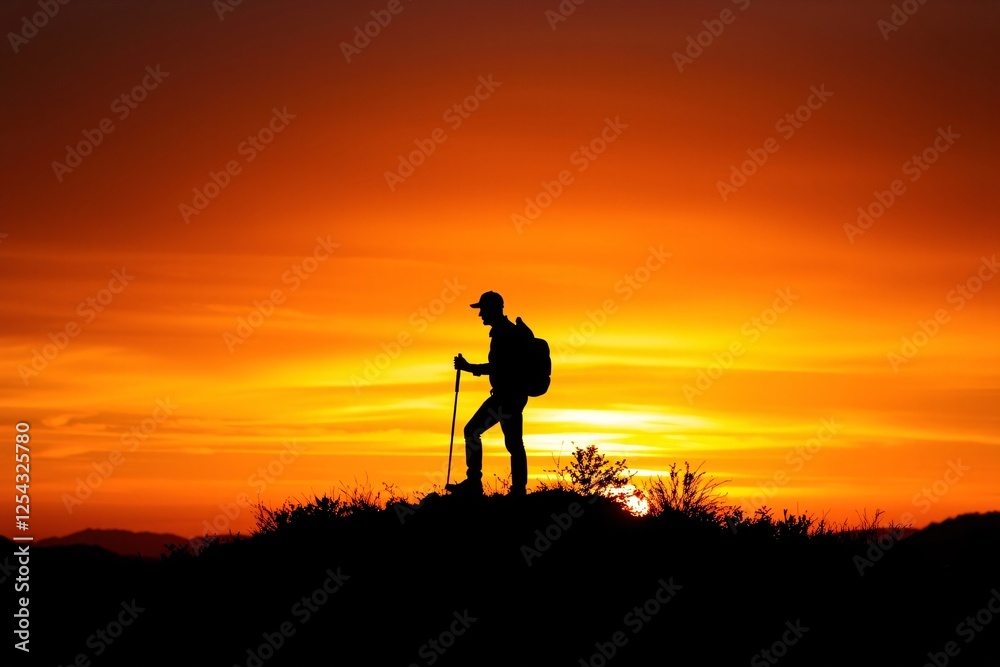 A hiker stands on a hilltop silhouetted by a vibrant sunset, holding a walking stick. The warm orange-yellow hues paint the dramatic landscape A hiker stands on a hilltop silhouetted by a vibrant sunset, holding a walking stick. The warm orange-yellow hues paint the dramatic landscape