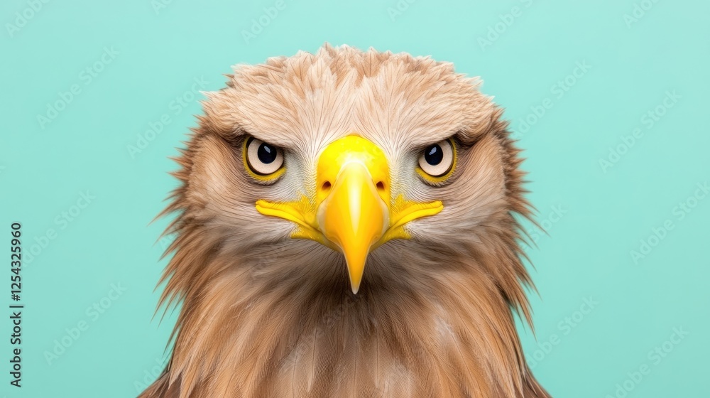Majestic eagle portrait with intense gaze against a soft turquoise background Majestic eagle portrait with intense gaze against a soft turquoise background