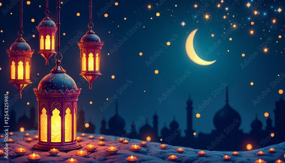 Obraz premium Ramadan and Eid Al Fitr banner,card,poster, Vibrant Ramadan Lanterns with copy space