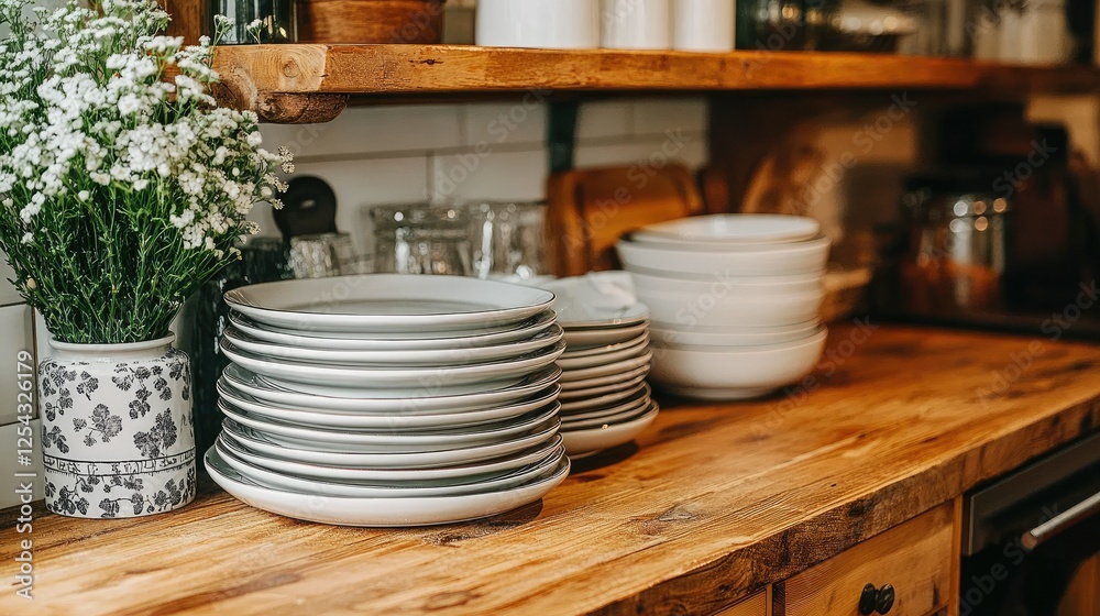 Stacked white plates sit on a rustic wooden kitchen counter Stacked white plates sit on a rustic wooden kitchen counter