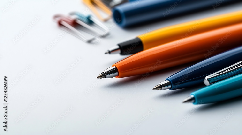 Close Up View Of Colorful Pens Arranged On A Light Surface Close Up View Of Colorful Pens Arranged On A Light Surface