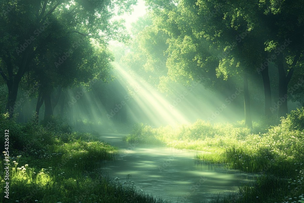 Sunlight Path Through Lush Green Forest Sunlight Path Through Lush Green Forest