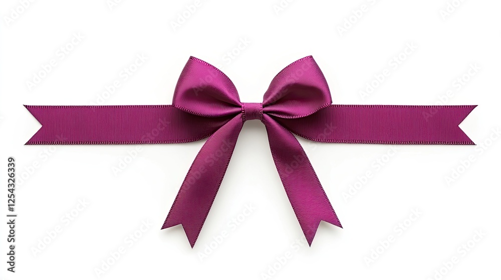 Elegant purple ribbon bow placed centrally on a white background, ideal for gift wrapping Elegant purple ribbon bow placed centrally on a white background, ideal for gift wrapping