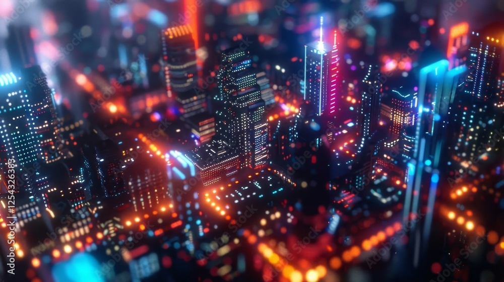 Fototapeta premium A sprawling cityscape of abstract buildings each one housing a different crypto mining operation illuminated by neon lights.