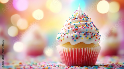A vibrant cupcake topped with colorful sprinkles, set against a bright, blurred background that adds playful charm.