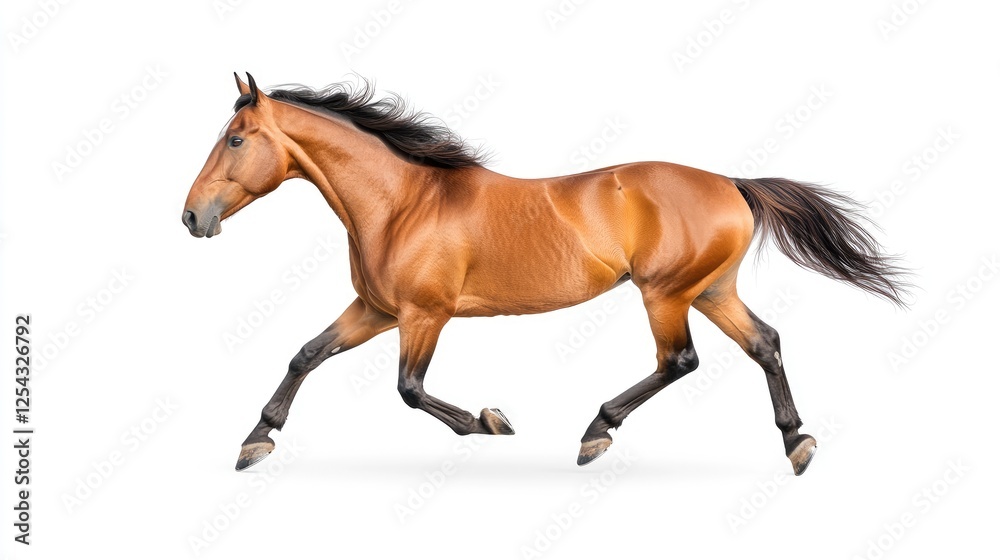 Obraz premium Majestic brown horse galloping gracefully across a plain white background, showcasing its strength and elegance