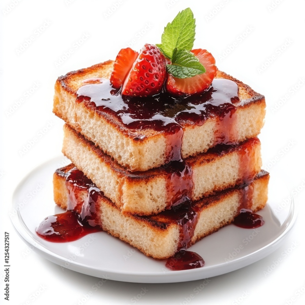 Delicious stacked toast with strawberry jam and fresh strawberries, perfect for breakfast or a sweet snack.