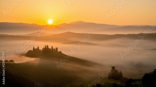 Wallpaper Mural Golden Sunrise Over Foggy Hills and Village – Serene and Breathtaking Landscape Torontodigital.ca