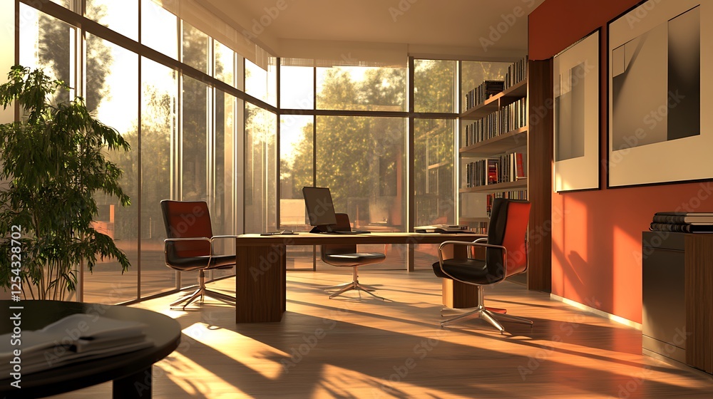 Fototapeta premium 3D render of modern office with ergonomic chairs and windows 