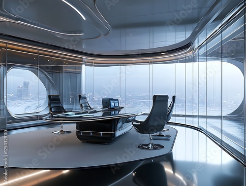 Futuristic office with advanced technology and glass walls photo