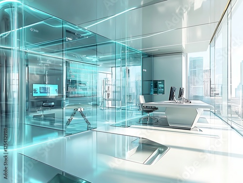 Futuristic office with advanced technology and glass walls photo