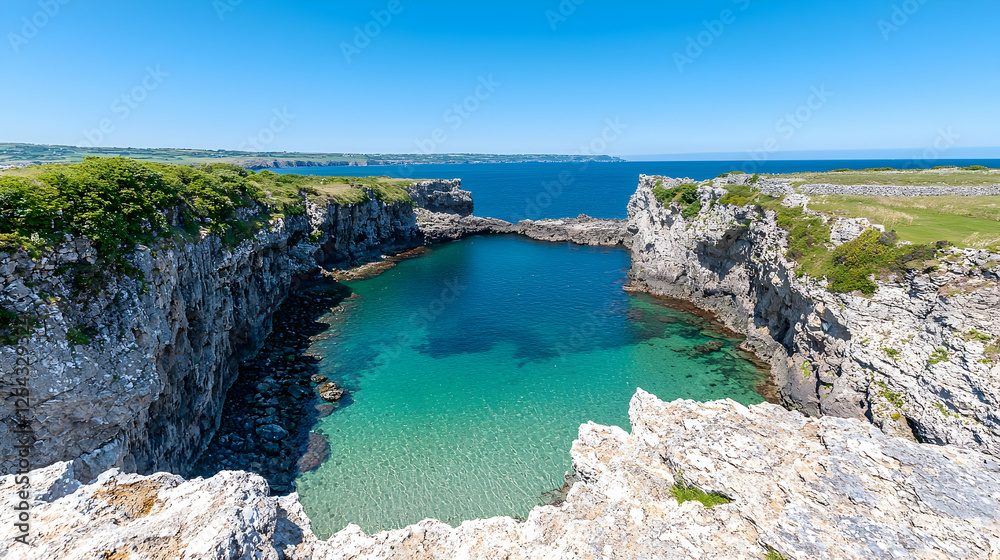 Fototapeta premium Coastal cove, turquoise water, cliffs, sunny day, travel postcard