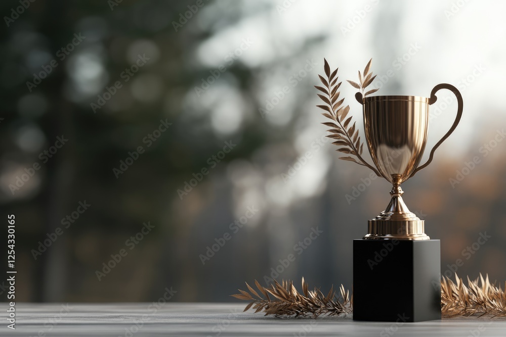 Fototapeta premium A gleaming golden trophy stands proudly on a wooden table, accompanied by decorative laurels. The background features a softly blurred natural landscape, suggesting a celebration