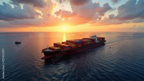 Majestic black and red container ship, dotted with high stacks of containers, accentuated by a striking red stripe along its hull—a symbol of global trade's dynamic flow photo