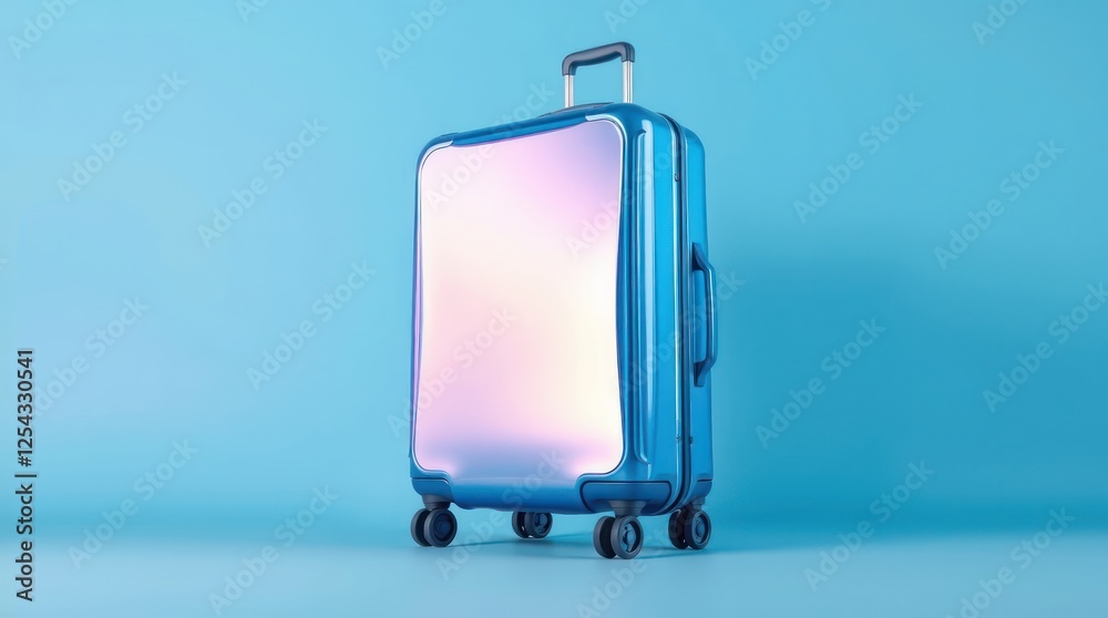 Close-up of a sleek blue suitcase standing against a clean, minimal backdrop Close-up of a sleek blue suitcase standing against a clean, minimal backdrop