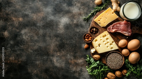 Dietary Essentials: A culinary journey begins with a collection of essential food staples, including eggs, milk, meat, and cheese, arranged artfully against a rustic backdrop.