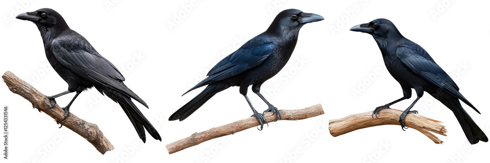 Fototapeta premium Three Black Ravens Sitting on Branches in Natural Setting