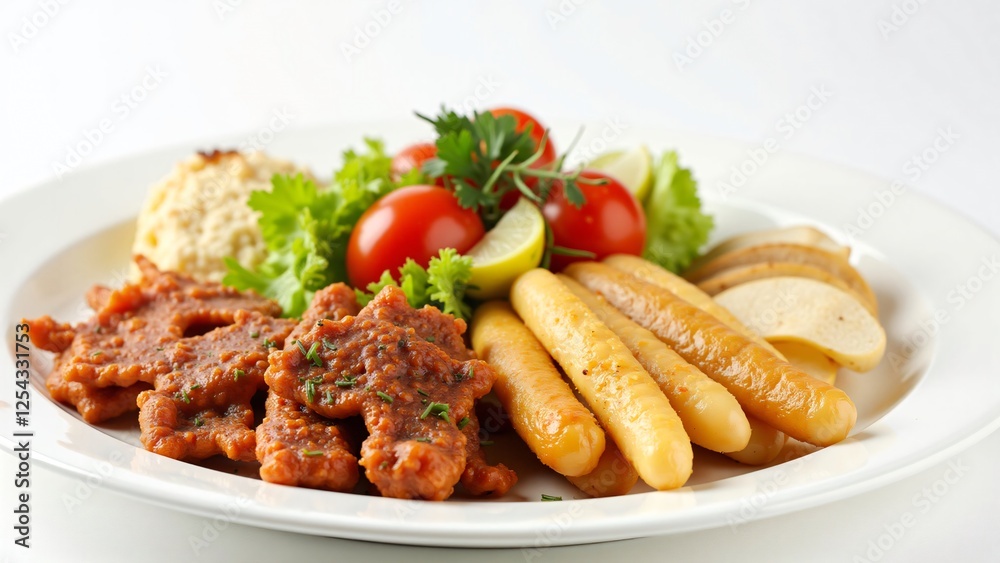 Delicious Mediterranean Mezze Platter with Spicy Meat, Grilled Sausages, Hummus and Fresh Salad Delicious Mediterranean Mezze Platter with Spicy Meat, Grilled Sausages, Hummus and Fresh Salad
