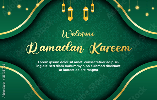 welcome ramadan kareem template banner with beautiful islamic ornament with green background design 75