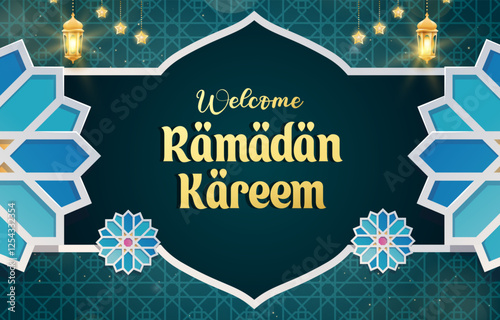 welcome ramadan kareem template banner with beautiful islamic ornament with green background design 81