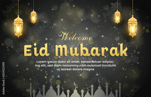 welcome eid mubarak template banner with beautiful islamic ornament and black background design 65