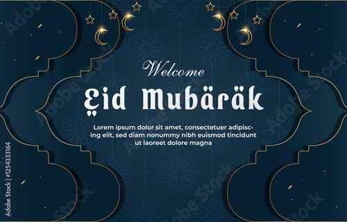 welcome eid mubarak template banner with beautiful islamic ornament and blue background design 65