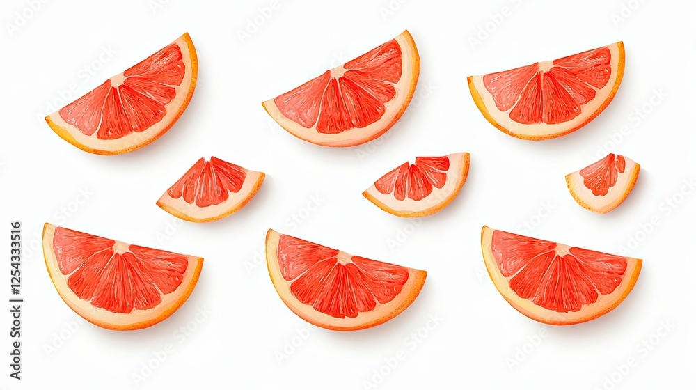 Freshly sliced grapefruit segments arranged artistically on a white background, showcasing vibrant colors Freshly sliced grapefruit segments arranged artistically on a white background, showcasing vibrant colors