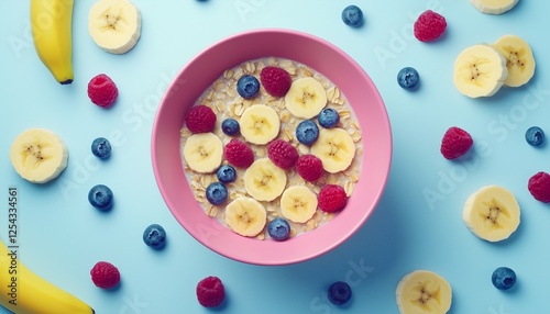 Freh organic banana slice, raspberry and blueberry fruit salad on bowl photo