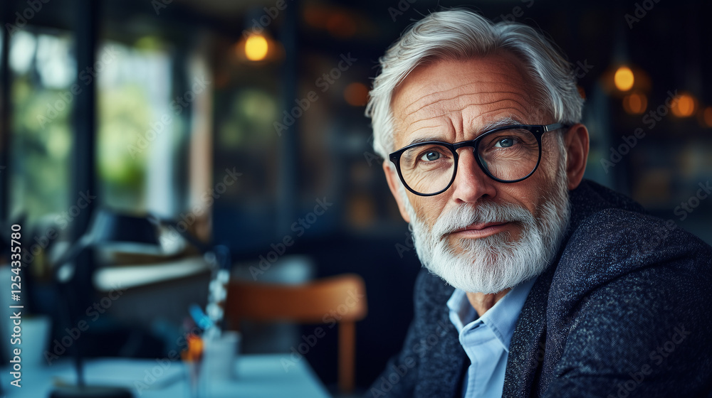 Senior corporate leader with a confident stance, neatly trimmed beard, and glasses, seated in an elegant office reflecting trust Senior corporate leader with a confident stance, neatly trimmed beard, and glasses, seated in an elegant office reflecting trust