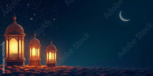 Ramadan and Eid Al Fitr banner,card,poster, Ramadan Kareem night navy blue design with Lanterns in background with copy space photo