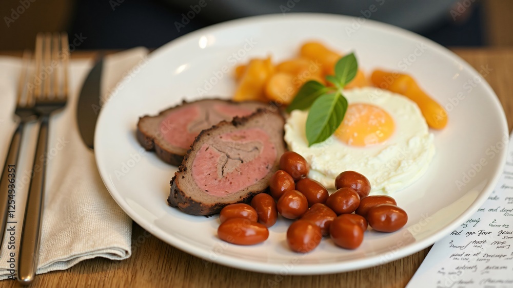 Gourmet Breakfast Plate with Sliced Steak, Fried Egg, Roasted Vegetables, and Beans Gourmet Breakfast Plate with Sliced Steak, Fried Egg, Roasted Vegetables, and Beans
