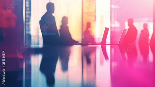 A blurred boardroom scene with silhouettes of individuals working and laptops on a reflective table