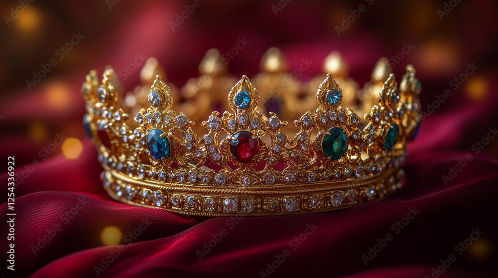 an exquisite golden crown with sapphire and emerald embellishments, placed on a royal red fabric, softly illuminated by golden ambient lighting for a luxurious and regal composition an exquisite golden crown with sapphire and emerald embellishments, placed on a royal red fabric, softly illuminated by golden ambient lighting for a luxurious and regal composition