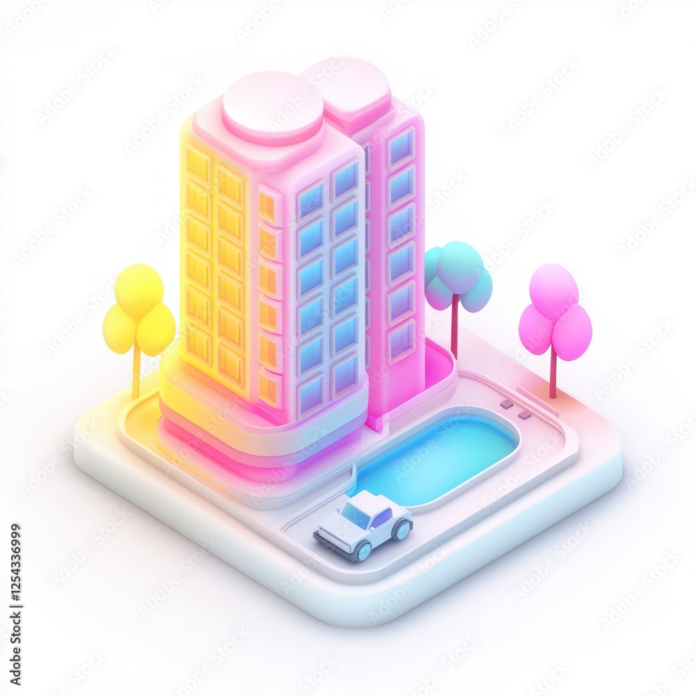 A colorful, modern building with a swimming pool and trees, representing a stylish urban environment. A colorful, modern building with a swimming pool and trees, representing a stylish urban environment.