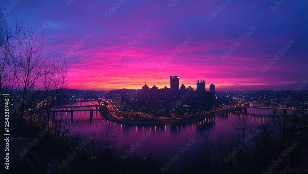 Fototapeta premium Pittsburgh Cityscape at Sunrise: A Vibrant Panorama